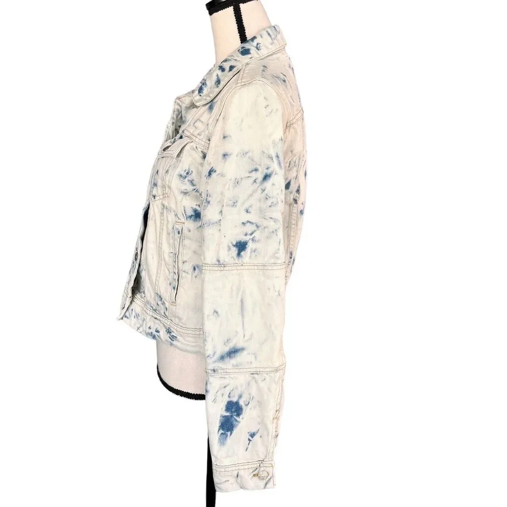 Free People Small Rumors Jean Jacket Button-Up Jones Tie-Dye Long Sleeve Pockets